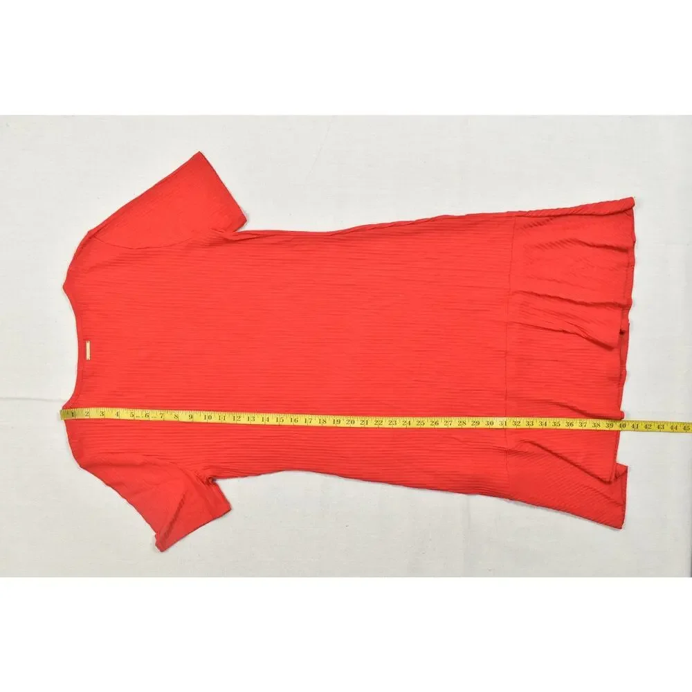 Michael Kors XL Red Ribbed Knit Short Sleeve Ruffle Hem Keyhole Sheath Dress